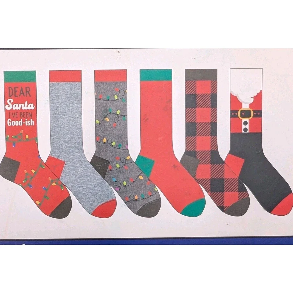 Happy Holiday Crew Socks Gift Set 6 Pairs Unisex Size 6-12 Santa Christmas New